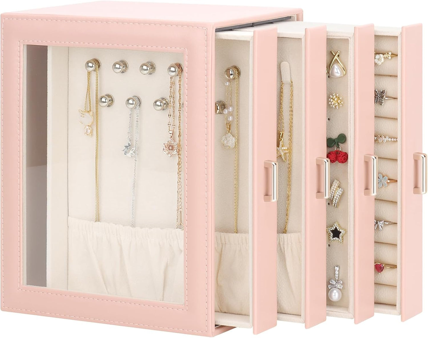 DesignSter Jewelry Box Organizer, Jewelry Box for Women, PU Jewelry Organizer Display Case with Side Drawers, Jewelry Storage for Earring Necklace Ring Bracelet Watch