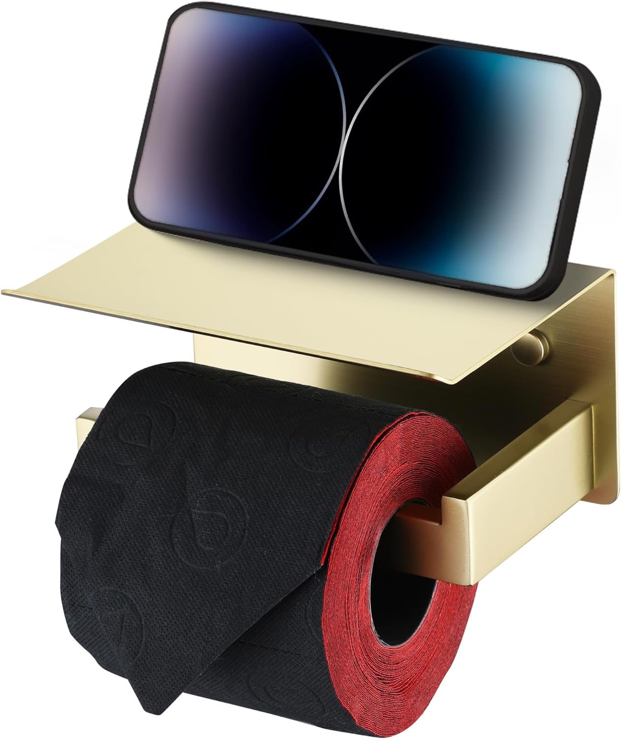 LANC Gold Toilet Paper Holder with Shelf Toilet Tissue Roll Holder with Phone Shelf for Bathroom Wall Mounted or Self-Adhesive Toilet Paper Roll Holder Stainless Steel, Left Rod, A8367BG-LF