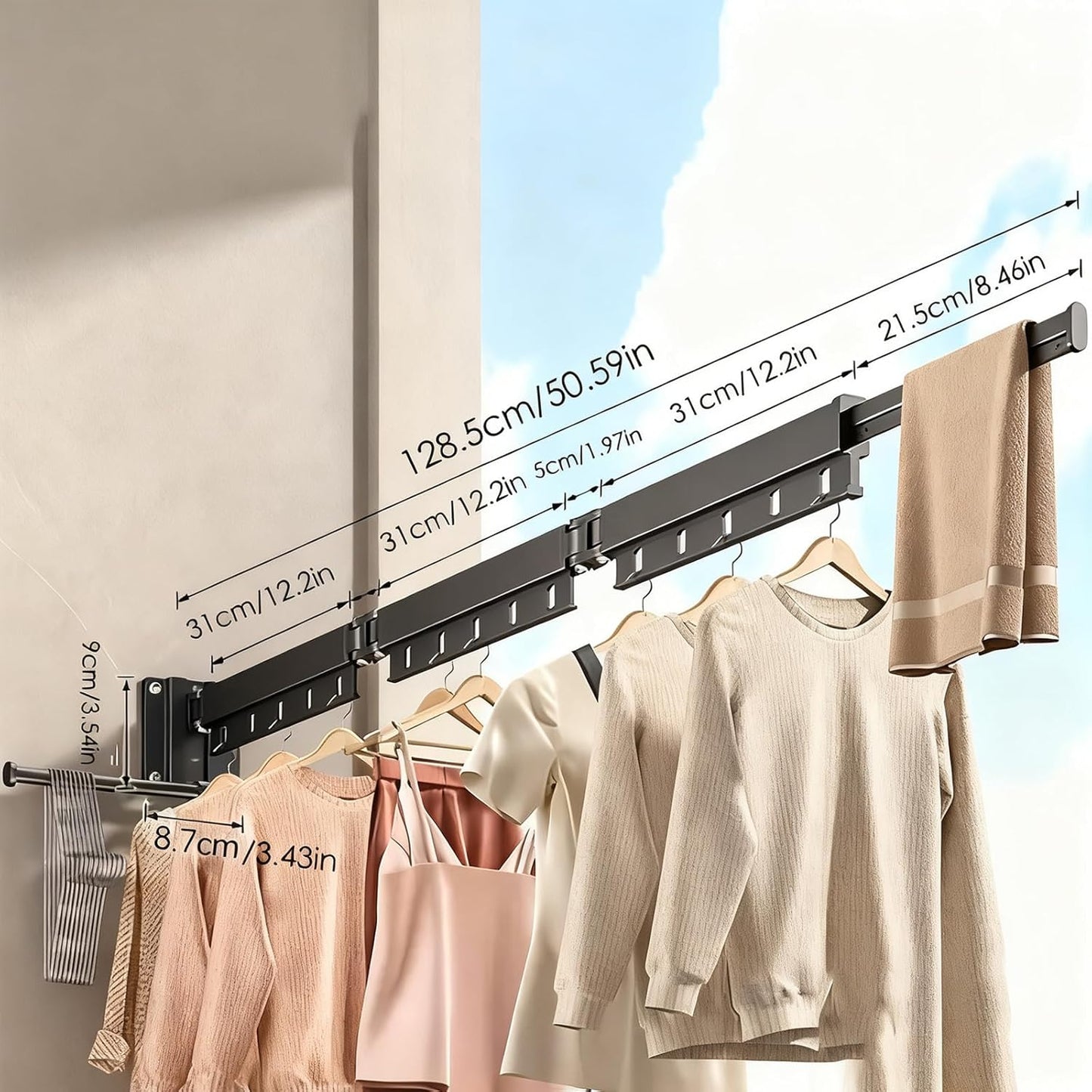 Wall Mounted Drying Rack, 220LB Capacity Tri-Fold Aluminum Clothes Airer, 180° Swivel Space Saving Laundry Rack for Indoor Outdoor Use in Bathroom, Balcony, Kitchen (Black)