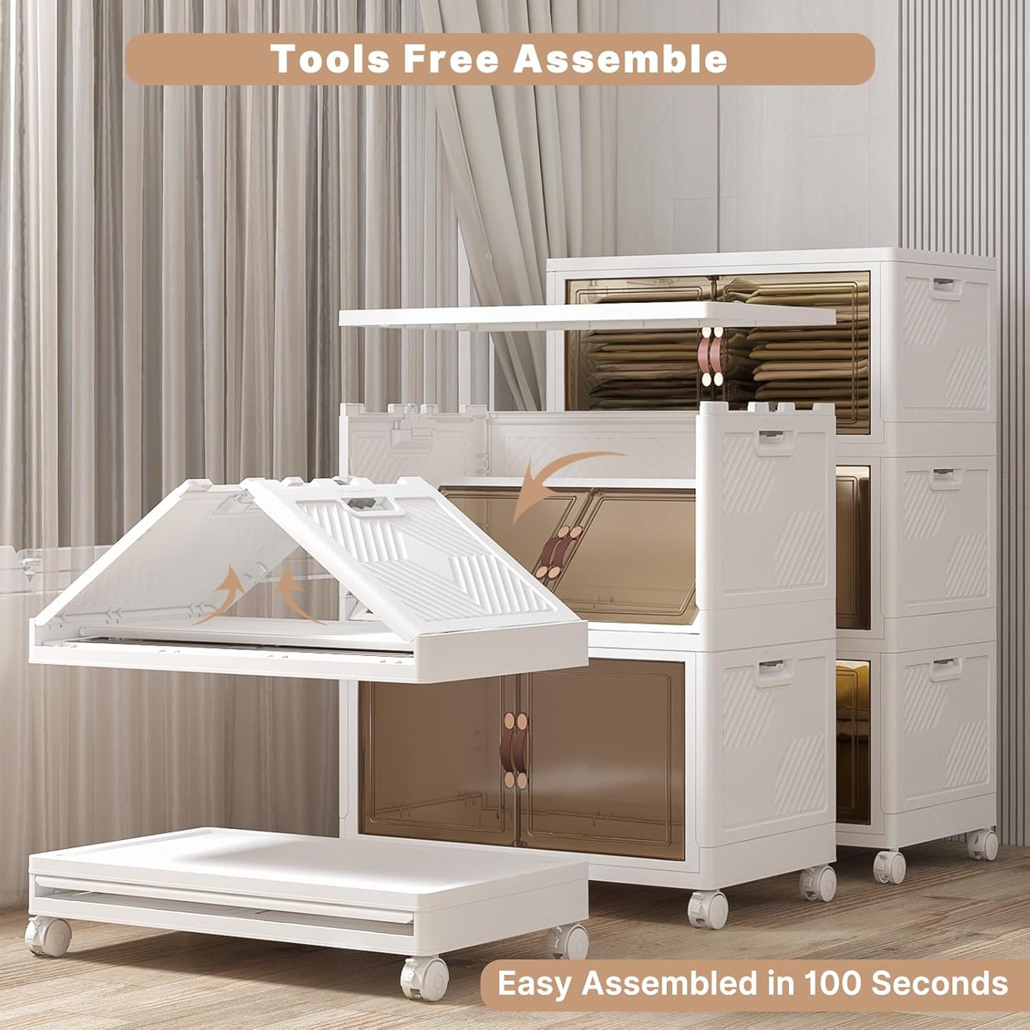 Extra Large Stackable Storage Bins with Lids & Wheels, Foldable Collapsible Closet Organizers Storage Cabinet with Doors for Bedroom Dorm (White, 504QT-168QT/42GAL*3Pack)