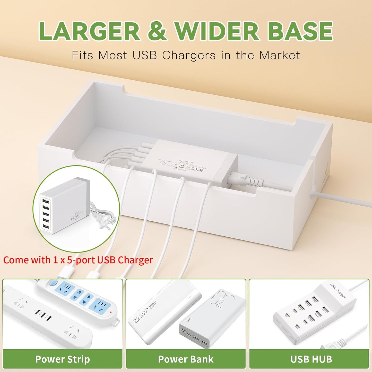 Pezin & Hulin Bamboo Charging Dock Station for Electronic Devices, Docking Organizer for Phone and Tablets, Smart Watch, Earbuds, Power Strip Box (Included 5-Port USB Charger and 5 Cables) -White