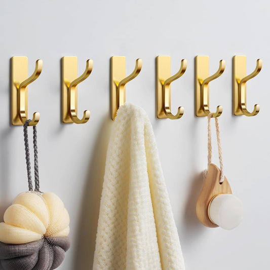 pickpiff Adhesive Wall Hooks for Hanging Towels: Brushed Gold Stainless Steel, 13LB Strong Hold Sticky Hangers for Coats, Purses,Bags, Keys - Bathroom, Kitchen, Door, Shower, Dorm, RV - 6 Pack