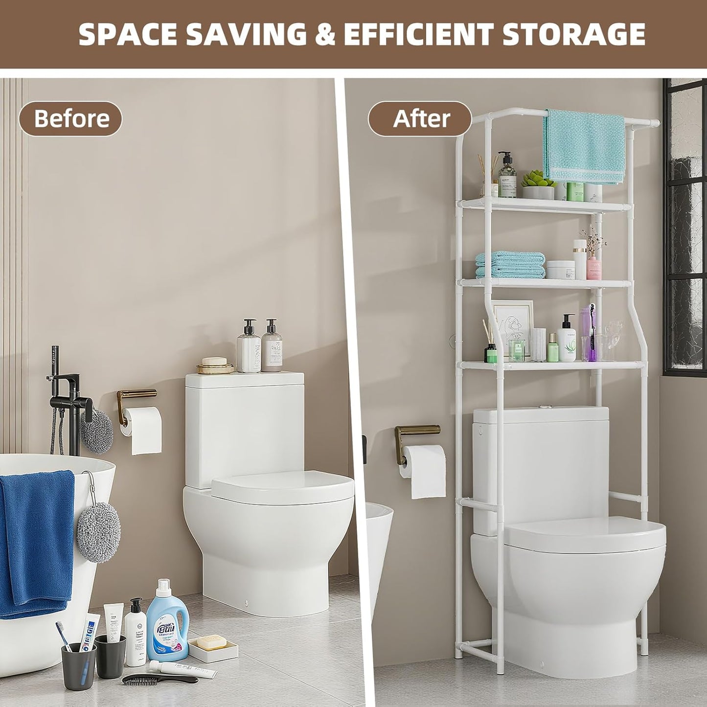 Over The Toilet Storage Shelf, 3-Tier Freestanding Bathroom Organizer with Towel Rack, Space Saver Cabinet Shelves Unit, Tall Slim Etagere for Bathroom, Modern Metal Furniture (White)