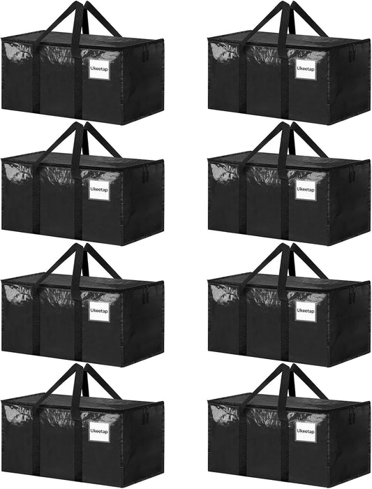8 Pack Extra Large Heavy Duty Moving Bags, Black Storage Bins with Lids, Reinforced Handles & Heavy-Duty Zippers Moving Boxes Storage Bags Totes for Clothes Packing, Dorms, College Supplies, Black