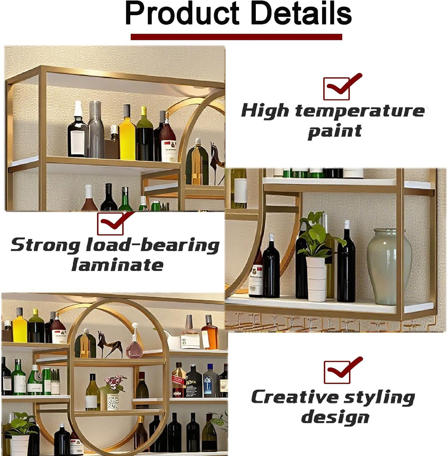 47.2IN Large Wall Mount Wine Rack, Metal 4 Tier Hanging Bottle Holder with Wine Glass Storage Racks, Modern Floating Wine Shelves for Home Bar Dining Room Decoration (Gold)