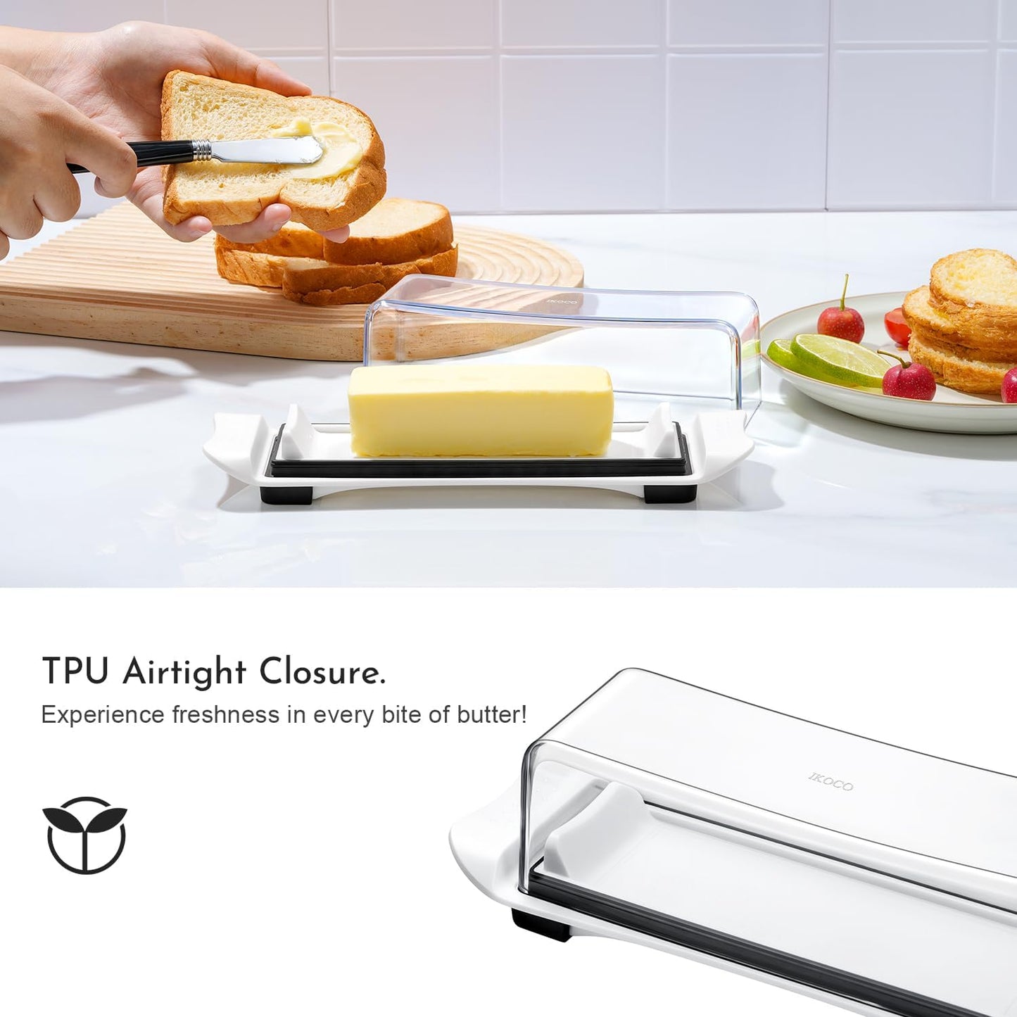Butter Dish, IKOCO Airtight Butter Dish with Lid for Countertop and Refrigerator, Dishwasher Safe Butter Holder Container for Eastern and Western Butter, White