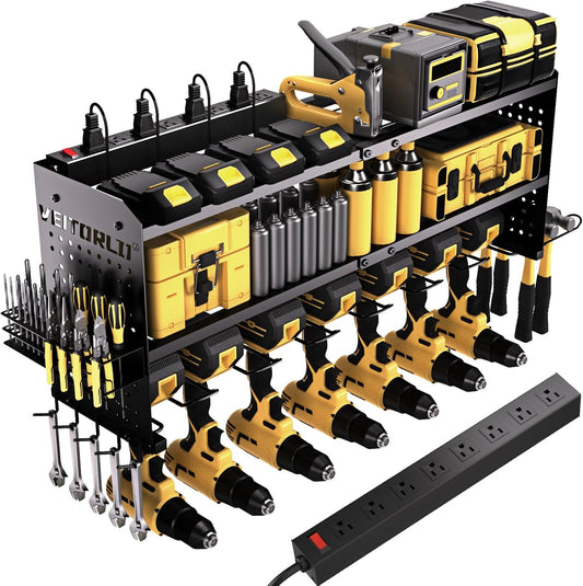 Veitorld Power Tool Organizer with Charging Station, 4 Drill Holders, Heavy Duty Modular Wall Mount Rack for Garage & Shed Organization, Tool Storage Organizer, Gifts for Men Dad Husband Christmas