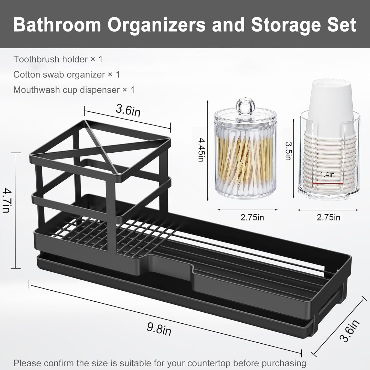 MYITYARD Toothbrush Holders for Bathrooms, Cotton Swabs & Cups Dispenser Set - Metal Electric Tooth Brushing & Toothpaste Countertop Organizer with Drainage for Shower, Sink - Black