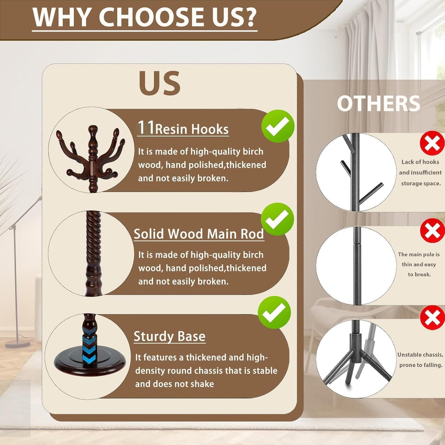 Solid Wooden Coat Rack Stand, Coat Racks Freestanding with 11 Hooks, Natural Birch Wood Coat stands with Triangle Base, Tree Coat Hanger Standing for Entryway Bedroom Office (Antique triangle)