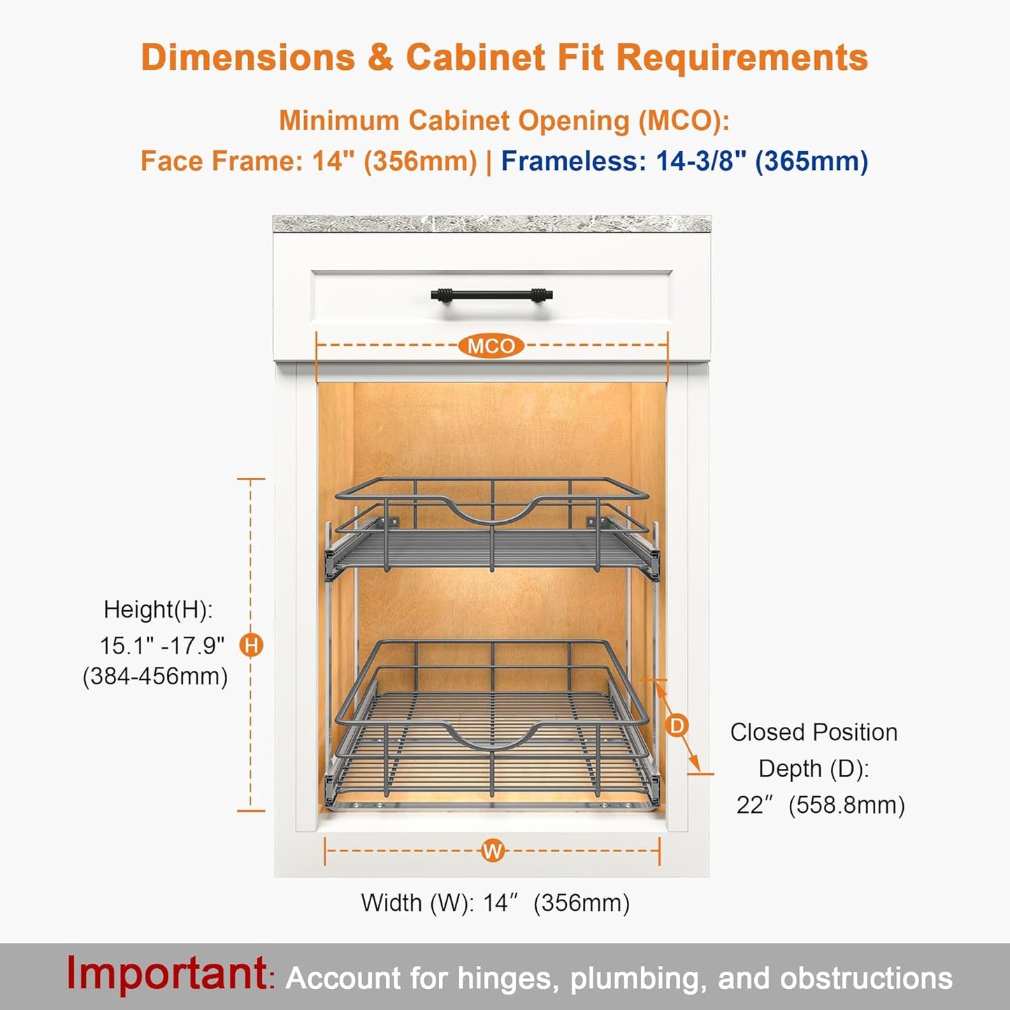 ALINE FURNITURE 2-Tier Pull Out Cabinet Organizer - 14" W x 22" D Soft Close Pullout Shelves with Shelf Liners - Slide Out Drawers for Kitchen Cabinets, Pantry, Bathroom, Heavy Duty Steel Wire Baskets