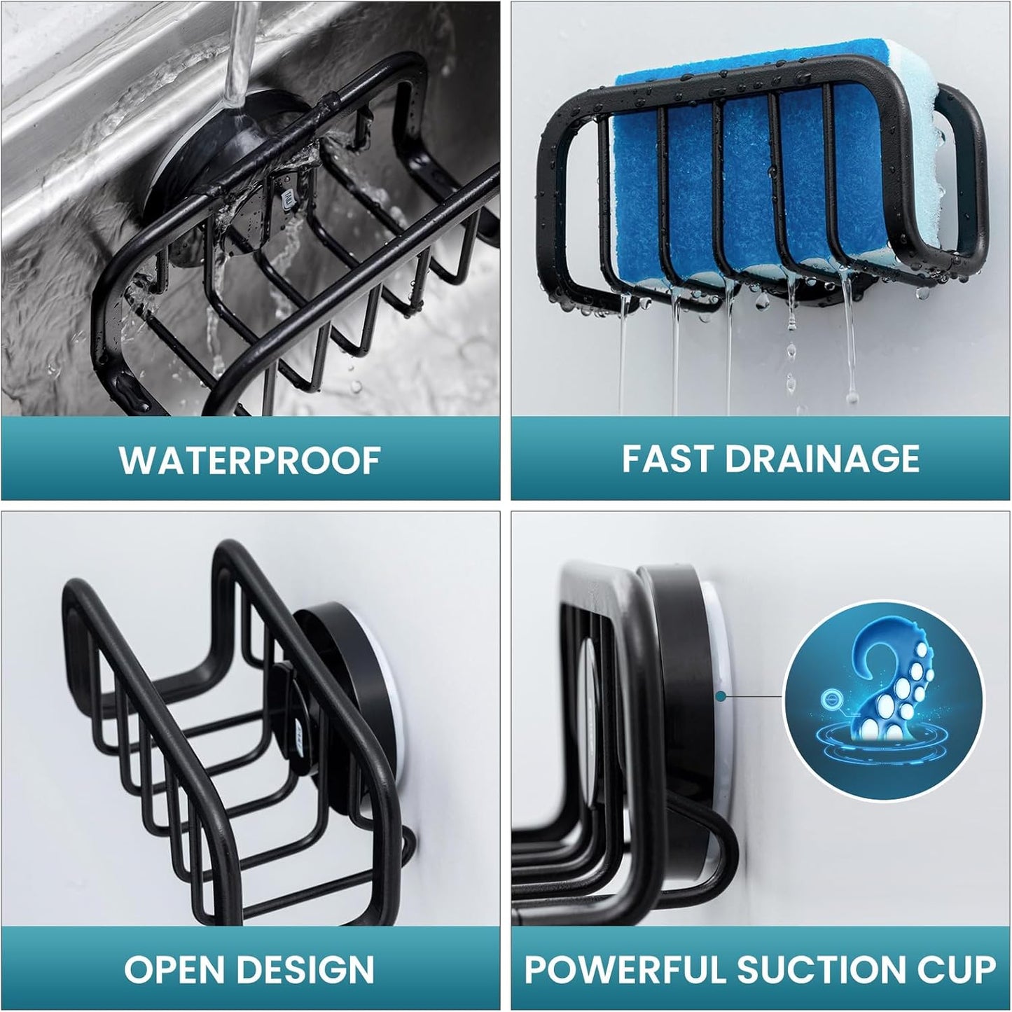 TAILI Sponge Holder for Kitchen Sink with Strong Suction Cup, Removable Sponge Holder, Rustproof Aluminum Sink Caddy for Sponges, Dish Brush - Black