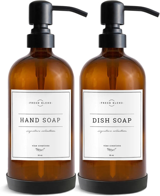 Vine Creations Amber Glass Soap Dispenser, 2 Pack Kitchen Soap Dispenser Set with Stainless Steel Pump, 16 oz Dish Soap and Hand Soap Dispensers for Bathroom with Waterproof Labels