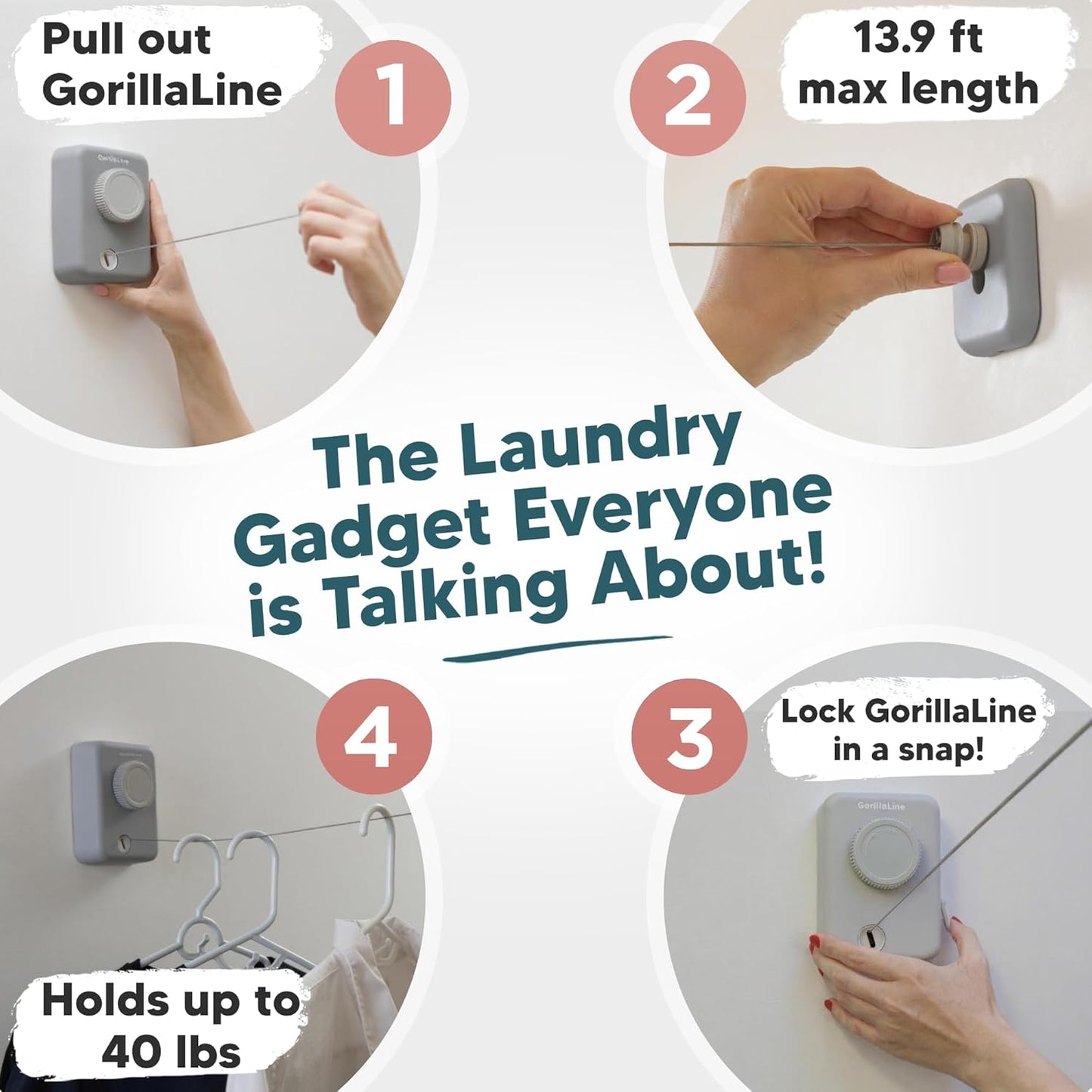 GorillaLine Max - Retractable Clothesline Indoor Outdoor Clothes Line - Heavy Duty Clothes Drying Laundry Line - Wall Mounted Drying Rack - Air Dry Clothing - Max Tighten with GorillaGrip