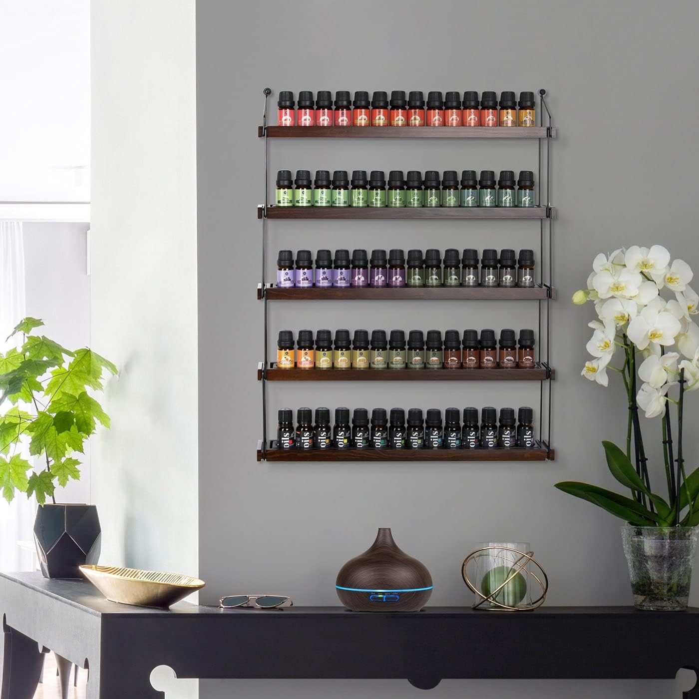 J JACKCUBE DESIGN Essential Oils Display Shelves Wall Mount Black Metal and Wood, Nail Polish Paint Holder Rack Organizer Holds 70 Bottles (5 Tier) : MK482A