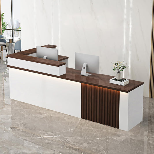 Receptionist Desk with LED Light，Wooden Salon Checkout Counter with Storage Drawer & Keyboard Tray Modern L-Shaped Reception Desk for Barbershop Office Company Store