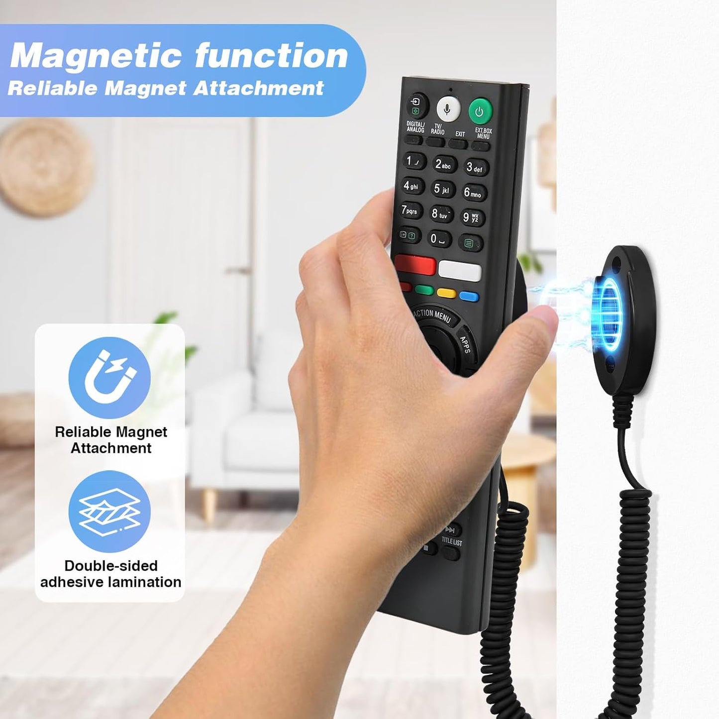 Magnetic Remote Control Holder with Retractable Cord, Anti-Loss Wall Mount Adhesive for TV, Couch, Bedside Table, Strong Spring Rope Organizer for Small Items, 2-Pack Black