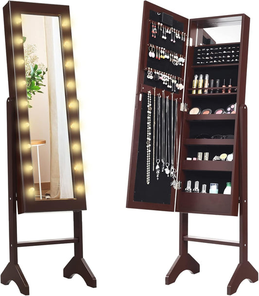 Giantex Standing Jewelry Armoire with 18 LED Lights Around the Door, Large Storage Mirrored Jewelry Cabinet with Full Length Mirror, 16 Lipstick Holders, 1 Inside Makeup Mirror (Brown)