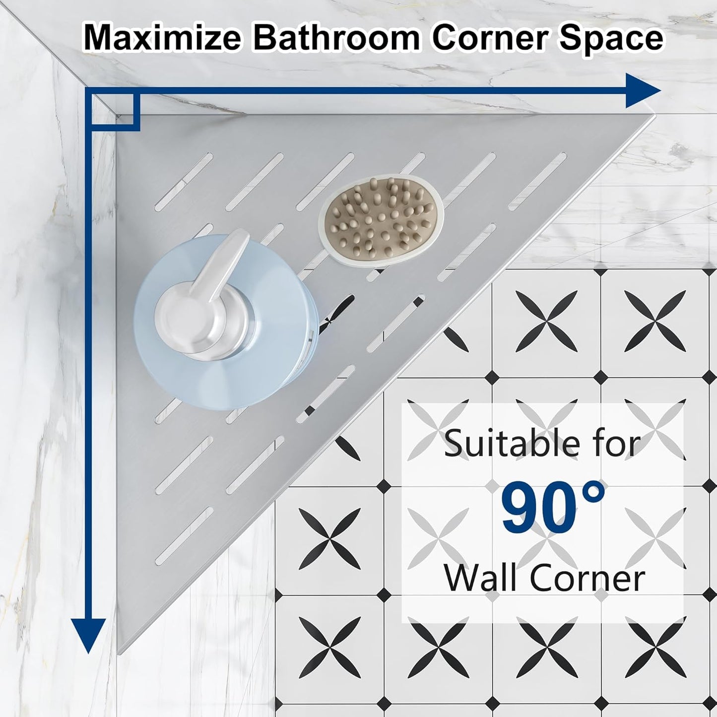 Corner Shower Shelves, 12” Recessed Tile Shower Shelf, 304 Stainless Steel Grout in Corner Tile Shower Shelves, No Drilling, Brushed Nickel, 2 Pack