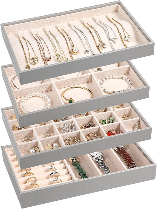 LANDICI Stackable Jewelry Organizer Trays 4 Set,PU Leather Jewelry Organizer Drawer,Jewelry Storage Display Tray for Earring Necklace Rings Bracelet with Removable Dividers,Grey