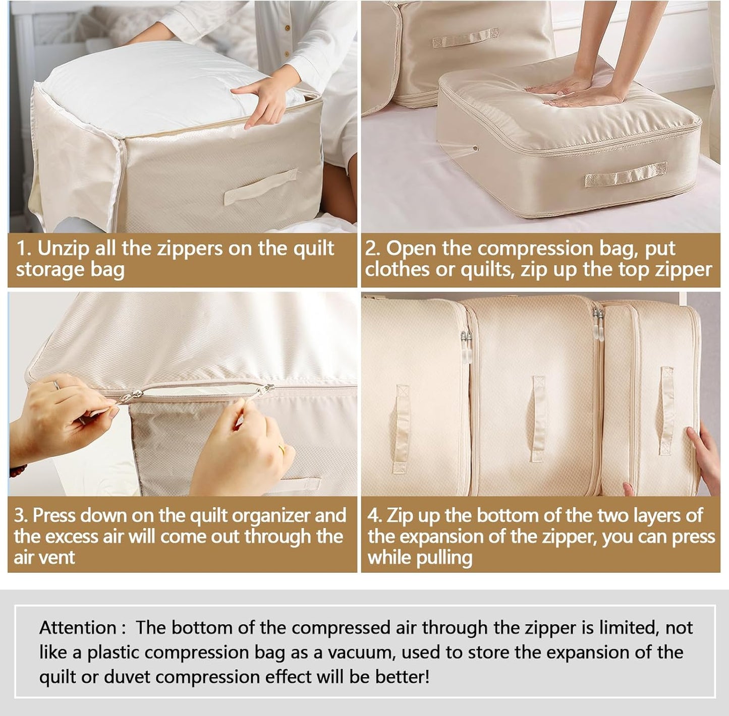 6 Pack Space Saving Comforter Storage Bag with Handle, 3-Layer Compression Blanket Storage Bags Adjustable In 3 Sizes (142L, 107L, 71L), Washable Bedding Organizer For Pillow Duvet Clothing Plush Toy