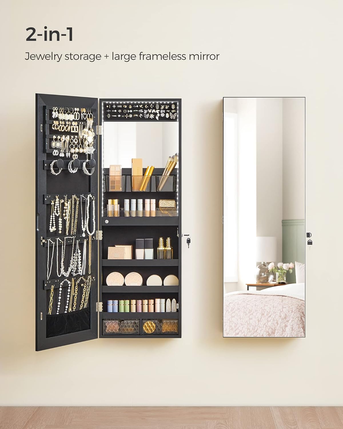 SONGMICS Jewelry Cabinet Armoire Organizer with LED Lights, Wall-Mounted Storage Cabinet with Full-Length Frameless Mirror, Built-in Makeup Mirror, 2 Drawers, Lockable, Christmas Gift, Black