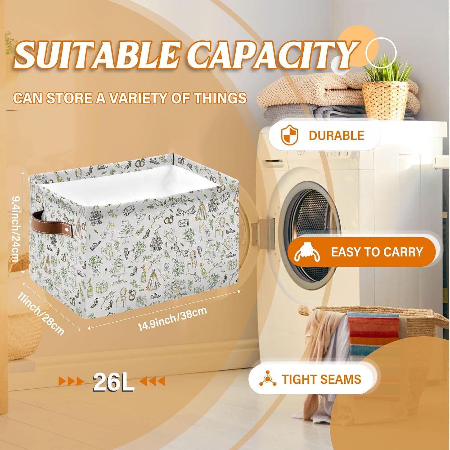 Rectangle Wedding Nursery Storage Basket, Wed Collapsible Storage Box Bin with Handles for Toy, Cake Storage Basket , Laundry Organizer for Room, Gifts for Chritsmas Thanksgiving 14.9x11x9.4in