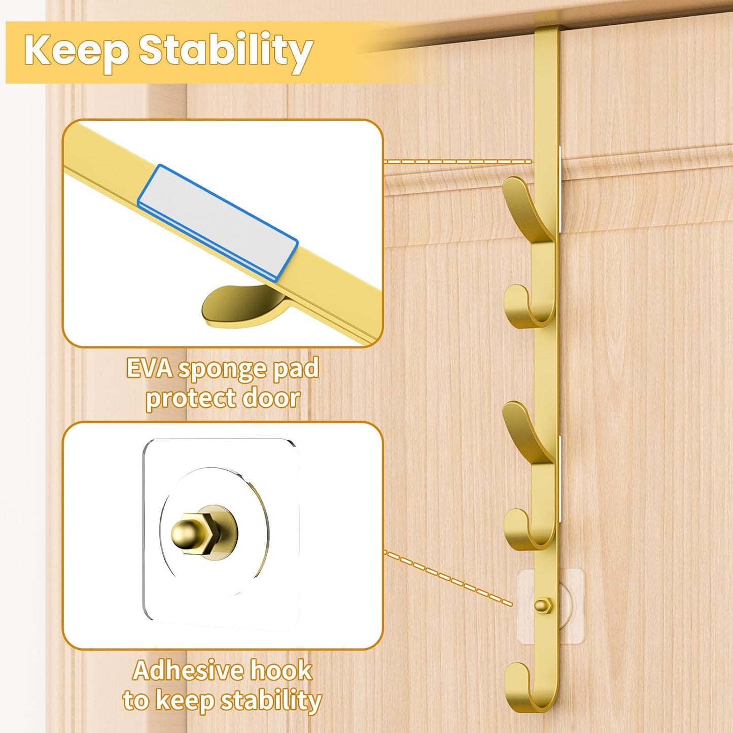 Over The Door Hooks, Metal Door Hooks for Hanging, Over The Door Purse Organizer for Door Coat Hanger, Back of Shower for Hanging Towel Rack Clothes, Hat, Bathroom, Closet (Gold-2Packs)