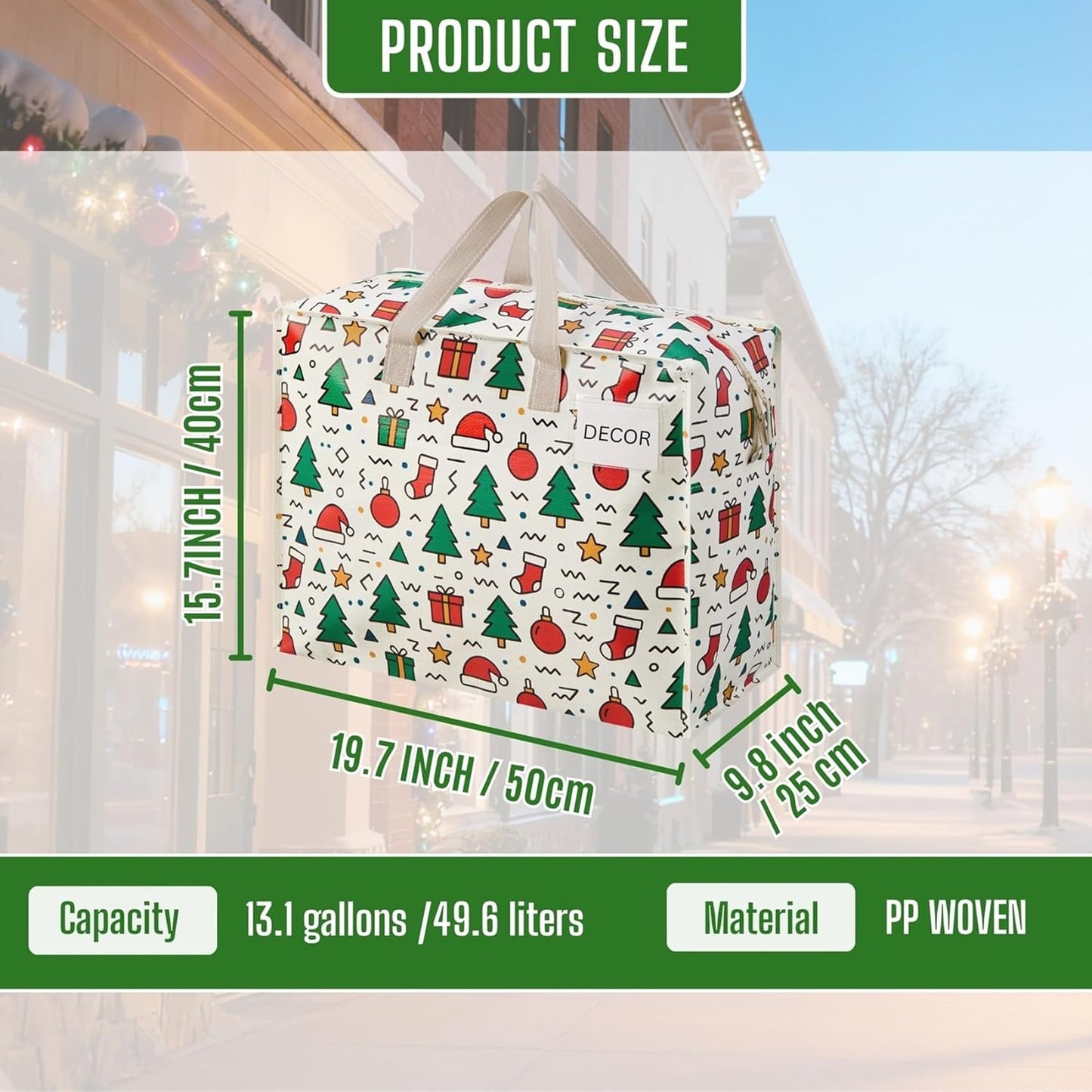 VENO 4 Pack Heavy Duty Moving Bags, Storage Bags, Packing Supplies, Top Zipper, Storage Totes for Camping, Clothes, Bedding, Comforters, Pillows, Christmas Pattern (13 Gallon, Jingle Mix, 4 Pack)