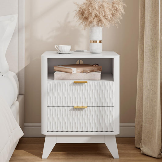 Fluted Nightstand with Charging Station, 18" Modern End Table with Storage Drawers, Bedside Table for Bedroom, White (1 Piece)