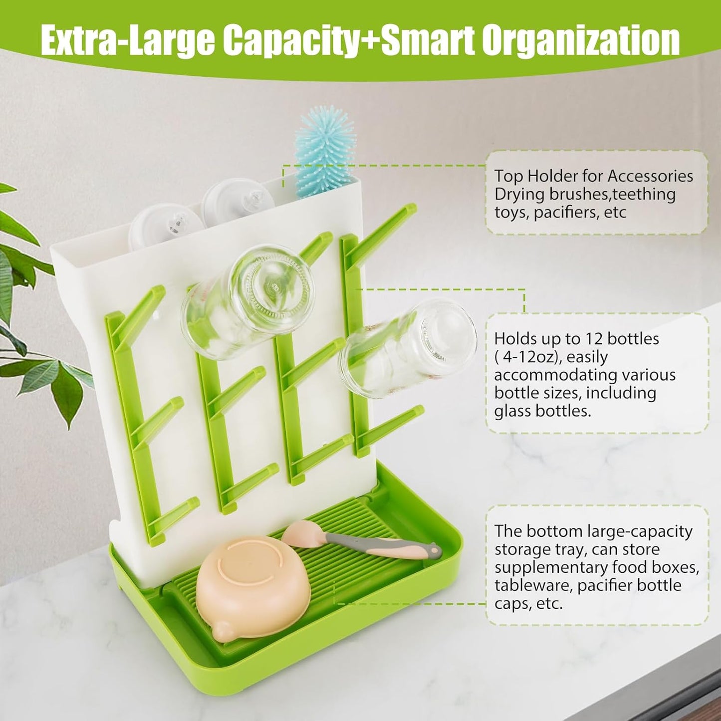 Baby Bottle Drying Rack, 2PCS Space Saving Baby Bottle Organizer for Countertop, Vertical Bottle Dryer Holder with Brushes Holder, Large Bottle Storage Holder 12 Bottles & Baby Accessories