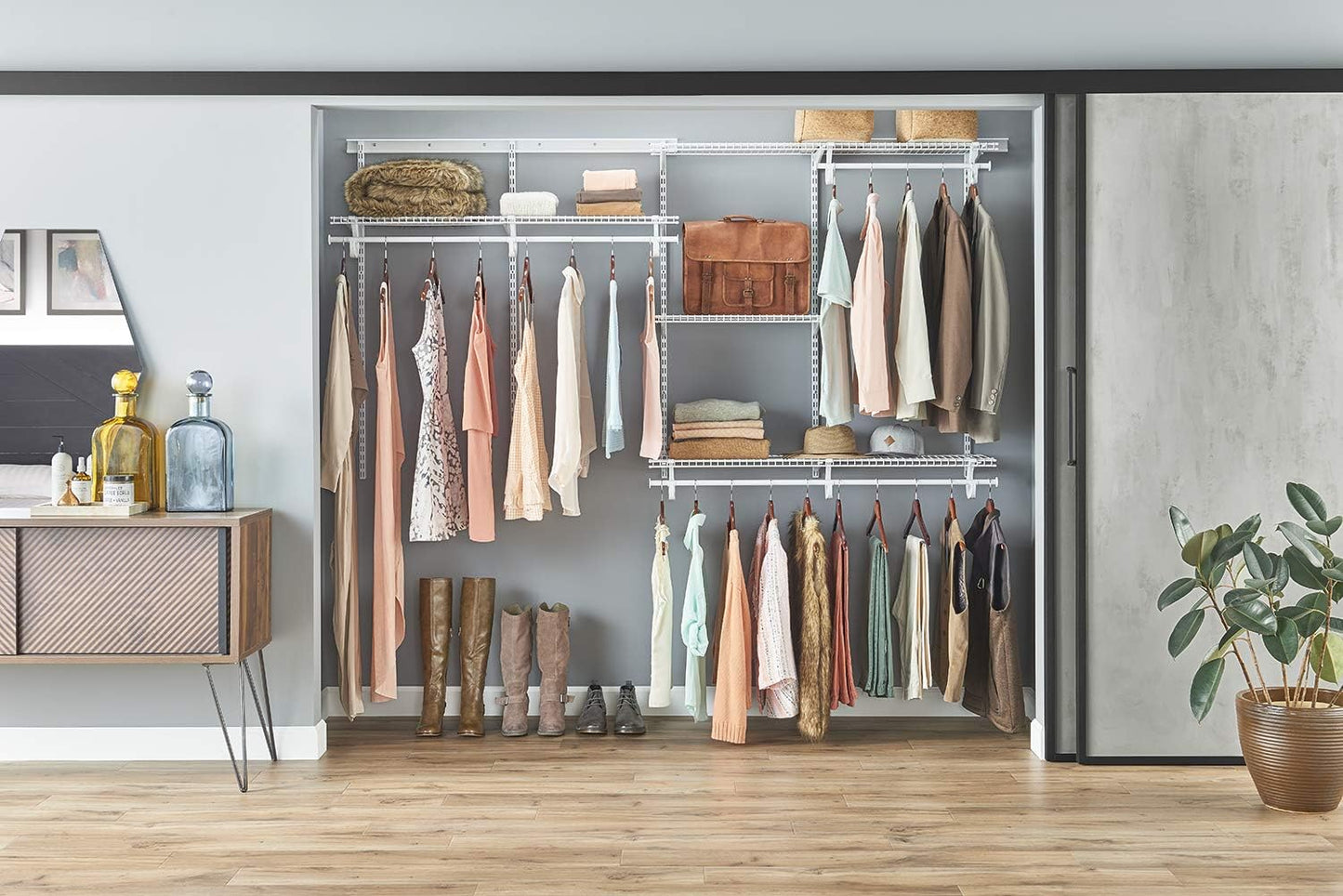 ClosetMaid ShelfTrack Wire Closet Organizer System, Adjustable from 5 to 8 Ft., with Shelves, Clothes Rods, Hardware, Durable Steel, White