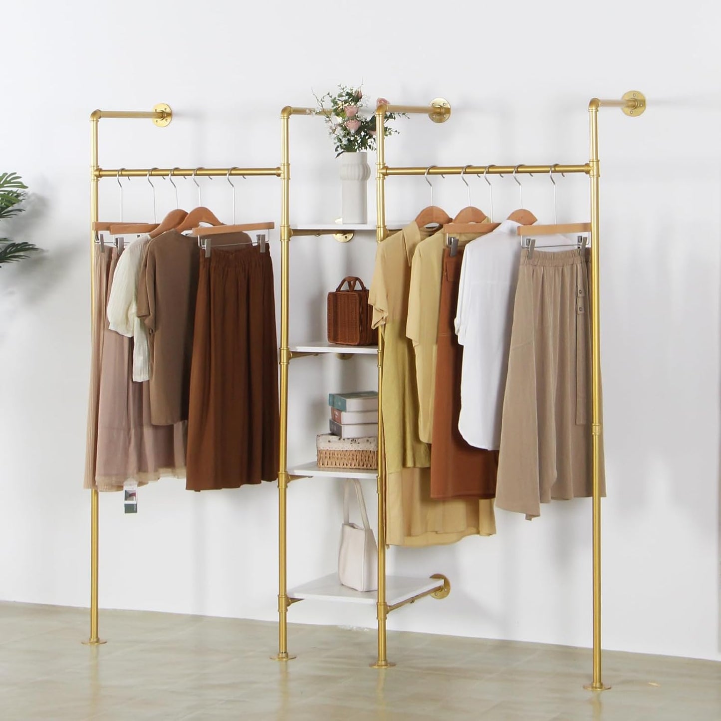 Industrial Pipe Gold Clothing Rack with Shelves, Retail Display Wall Mounted Storage Clothes Hanging Shelf Gold Pipeline Hanging Rod Steampunk Style, 4 Tier Wood Garment Rack 72.8x71inch