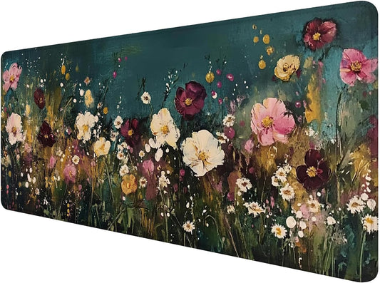 Vintage Wildflower Large Mouse Pad 31.5x15.7inch, Retro Floral Large Extended Computer Desk Mat Mousepad for Keyboard and Mouse, Floral Desk Accessories