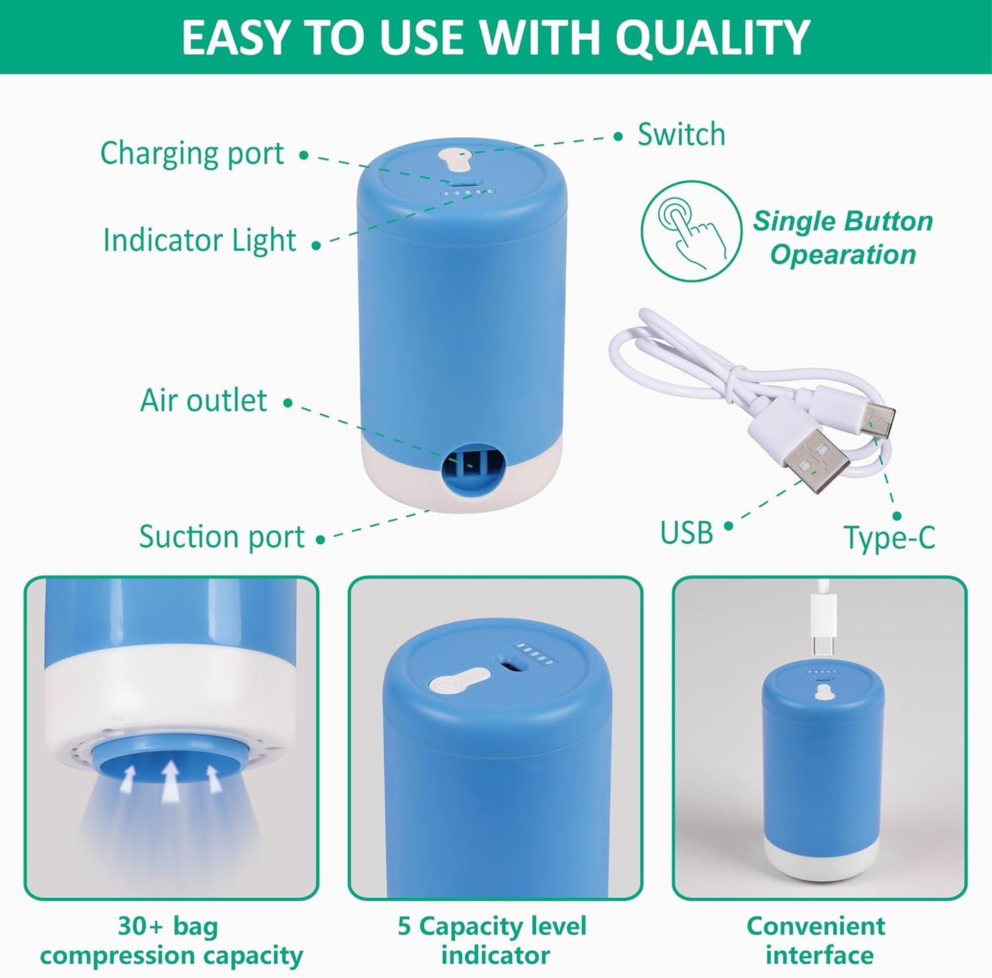 6 Pack Travel Vacuum Storage Bags with Rechargeable Wireless Electric Pump for Luggage, Suitcase, Carry-on Size Vacuum Seal Compression Space Saver Bags for Clothes and Clothing Travel