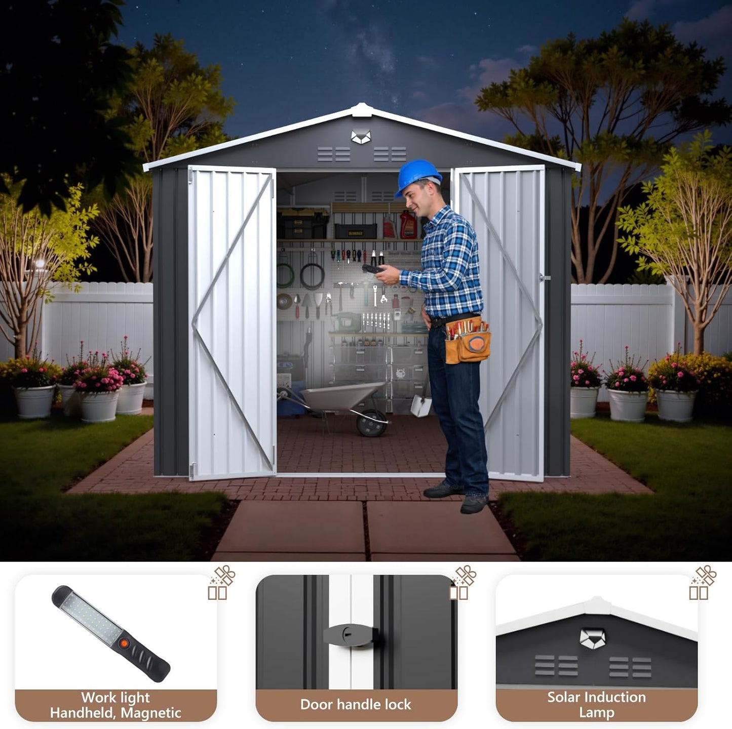 10x14 FT Outdoor Storage Shed, Metal Garden Shed - Tool Storage Sheds with Lockable Doors, Waterproof Outside Storage Building for Backyard, Patio (Black; Floor Not Included)