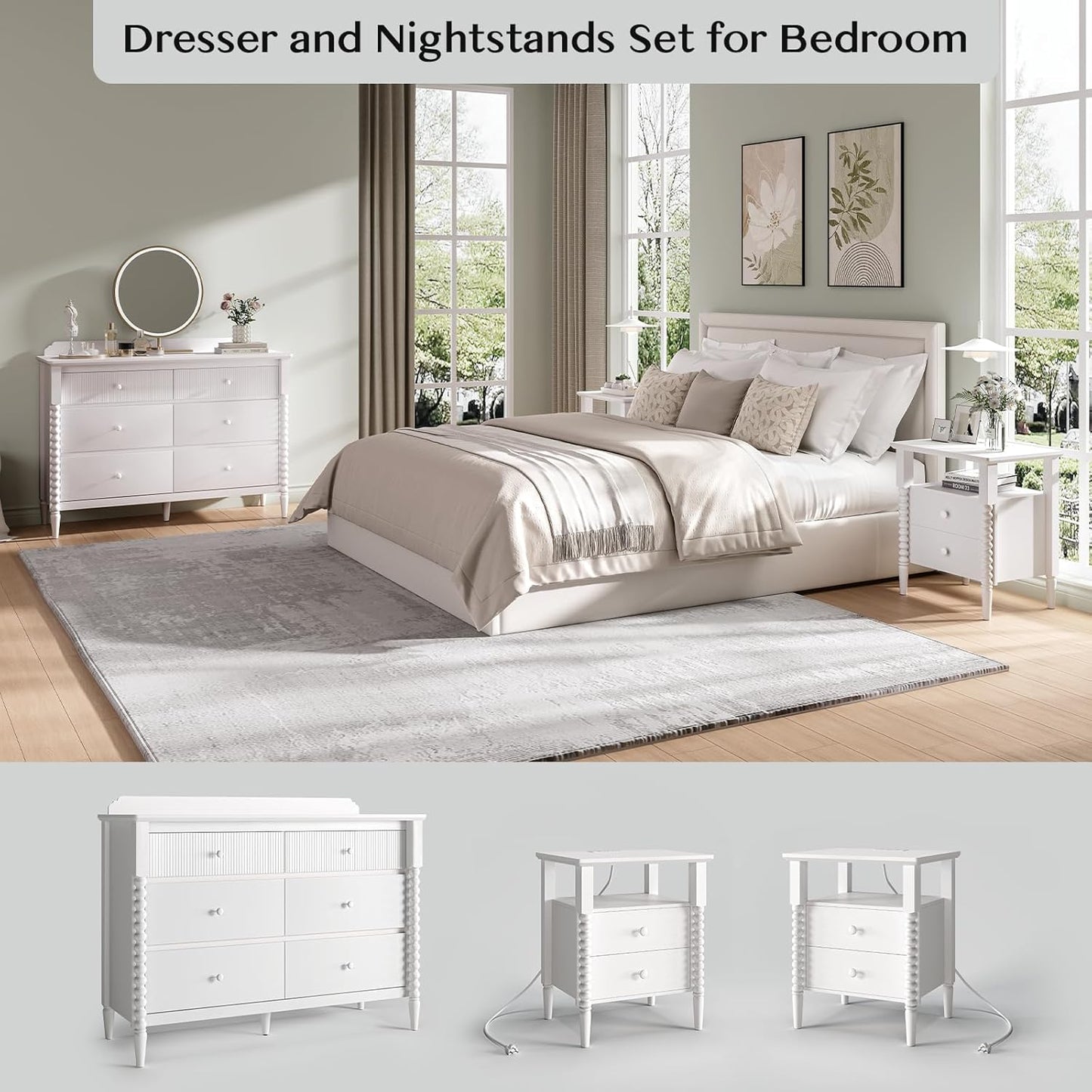 3 Piece Bedroom Set, Vintage 6 Drawer Dresser and Nightstand Sets for Bedroom, Night Stand Set 2 & Kids Dresser with Solid Wood Legs, Chest of Drawers Storage Cabinet Set, White