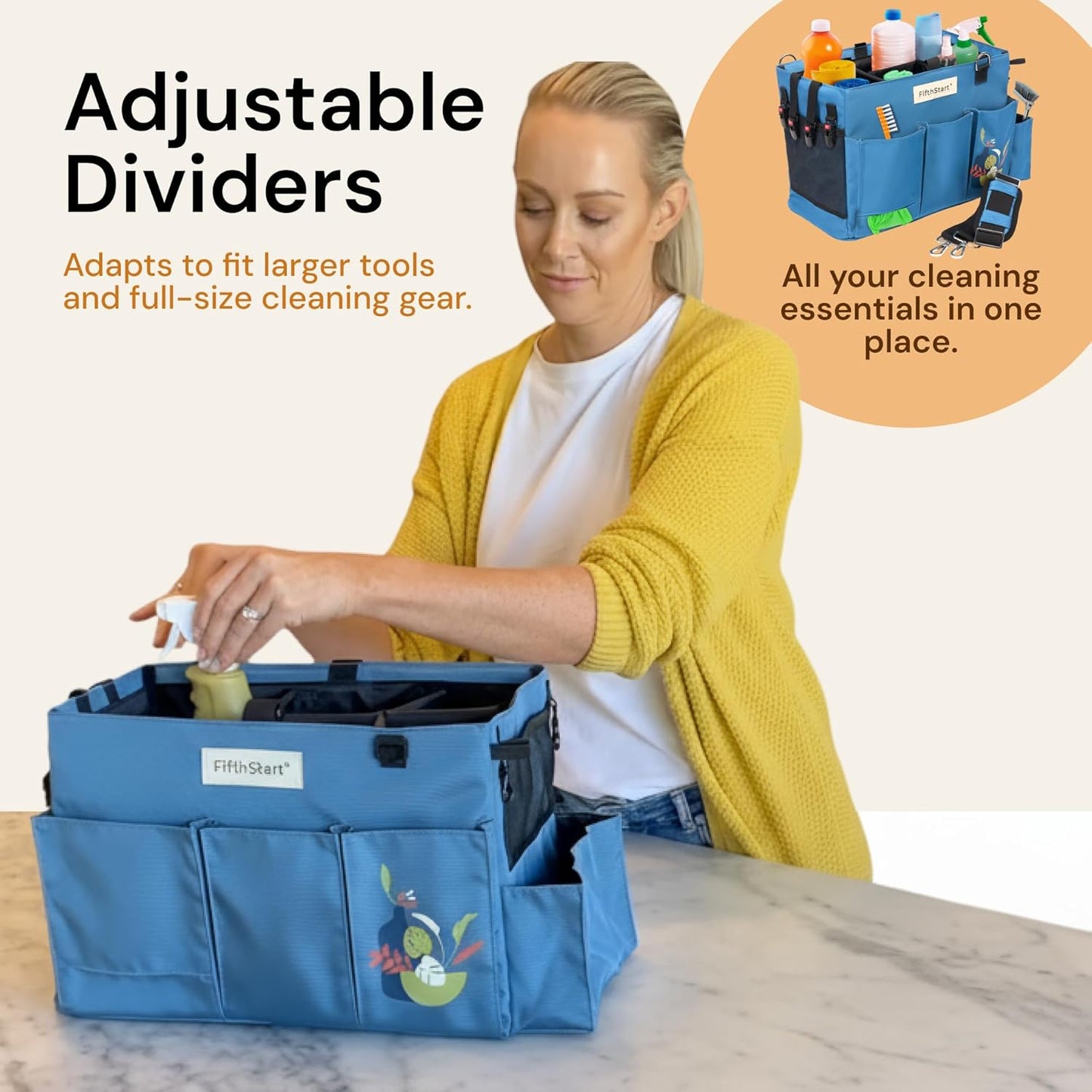 FifthStart Multiuse Cleaning Caddy with Waist, Shoulder Strap 9 Pockets, Mesh Base & Adjustable Compartments - Cleaning Caddy - Cleaning Supplies Organizer (Blue, Small)