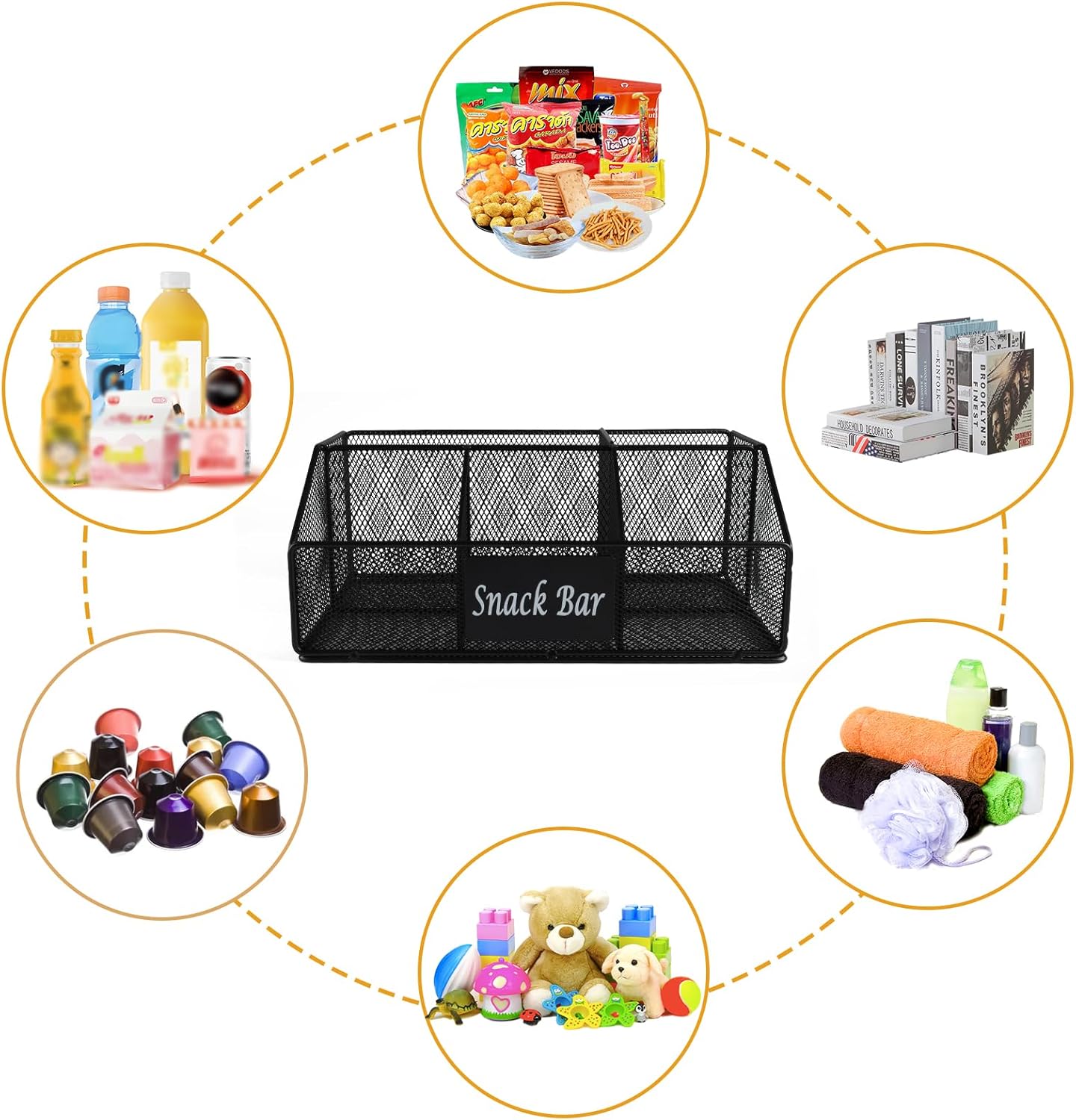 Metal Wire Snack Display Baskets,5-Compartment Snacks Storage Bin for Countertop,Office,Party,Bedroom,Kitchen,Pantry Shelf,Snacks Cabinet Dispenser Caddy for Chips,Packets