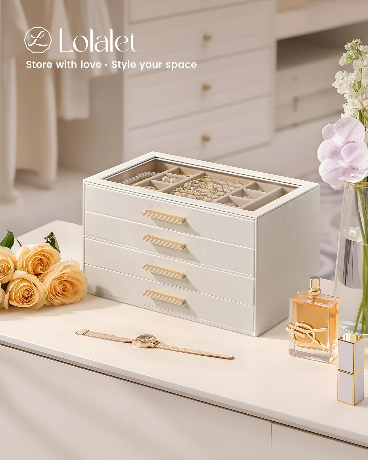 Lolalet Jewelry Box Organizer, 4-Layer Jewelry Organizers and Storage Case with Glass Lid, Ring Earring Bracelet Necklace Holder Organizer, Birthday Christmas Gifts for Women Girls -4Layer, Beige