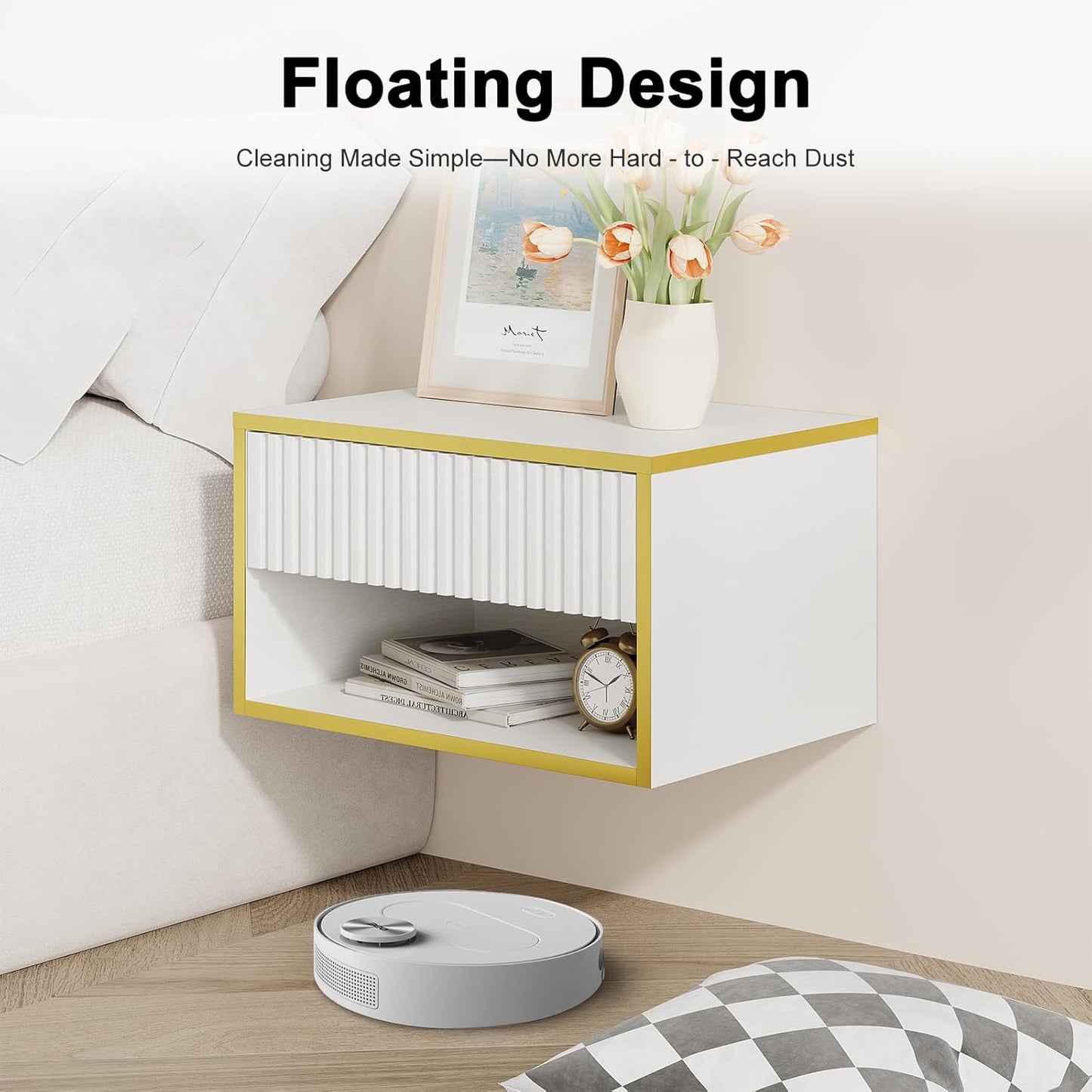 4ever2buy Floating Nightstand with Fluted Drawer, Modern Wall Mounted Nightstand with Open Shelf, White and Gold Night Stand for Bedroom, White