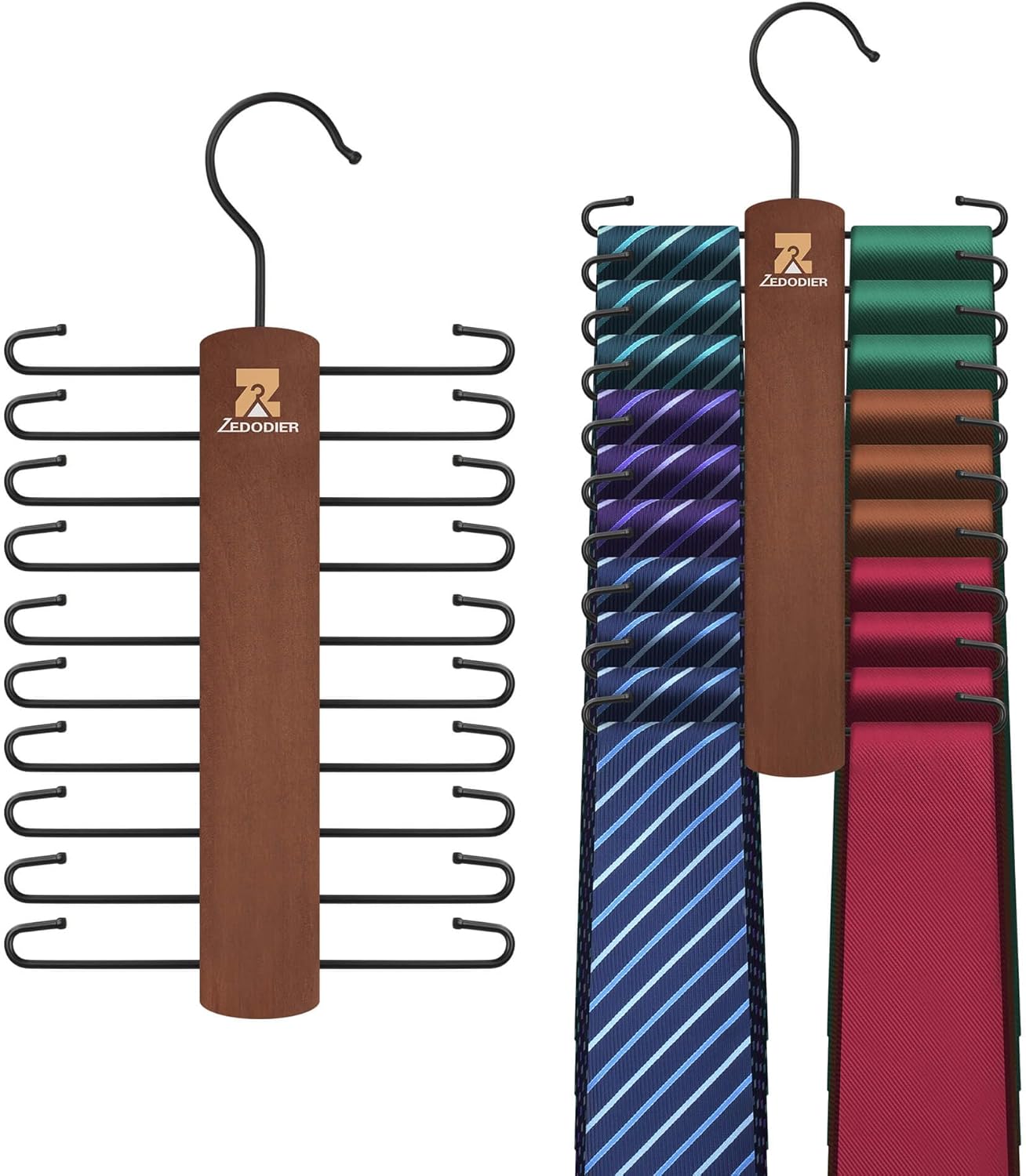 ZEDODIER Wooden Tie Rack, Tie Hanger for Men Closet, 20 Storage Capacity, Non-Slip Rotatable Tie Organizer, Hanging Space Saving Holder, Vintage