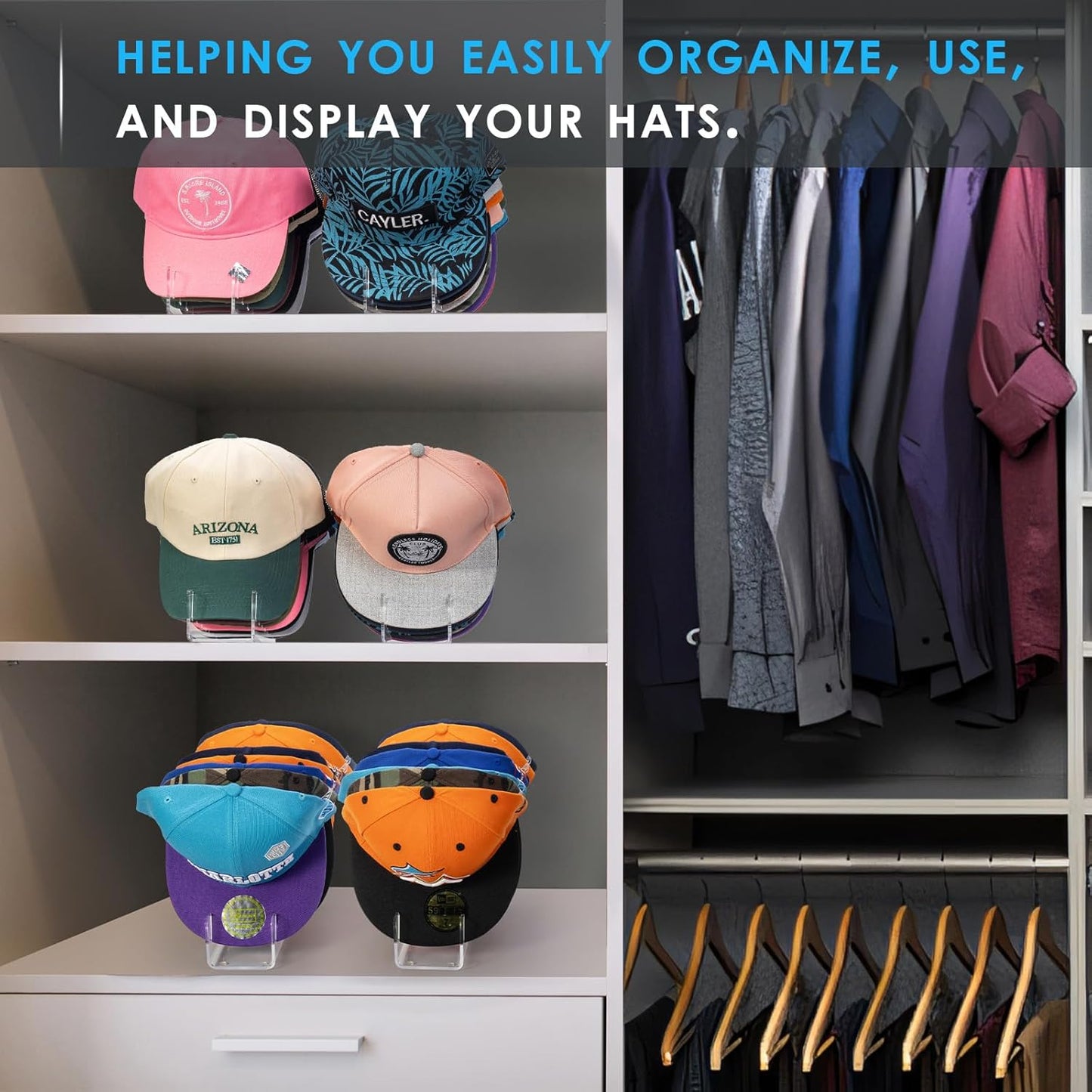 Forzacx Hat Stand for Baseball Caps Display and Organizer 2 Pack, Holds 14 Baseball Caps, Space-Efficient, No Installation Required, Stylish Decor Piece for Closet, Bedroom, Dresser (Clear)