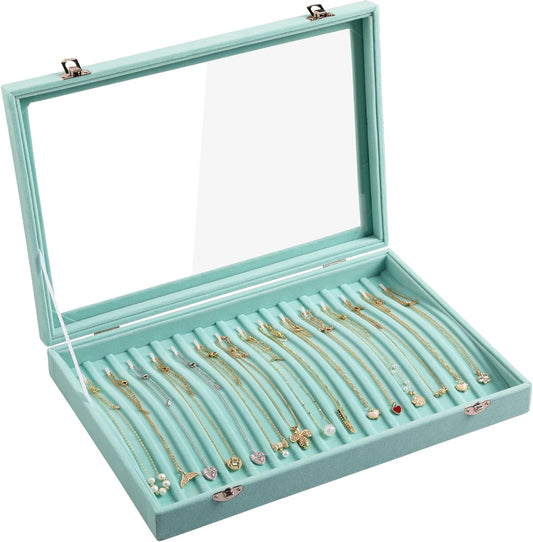 Frebeauty 15 Hooks Necklace Tray Velvet Neckalce Organizer with Clear Lid Lockable Necklace Holder Box Jewelry Organizer for Pendants Chains Necklace Jeweley Tray for Women Girls(Turquoise)
