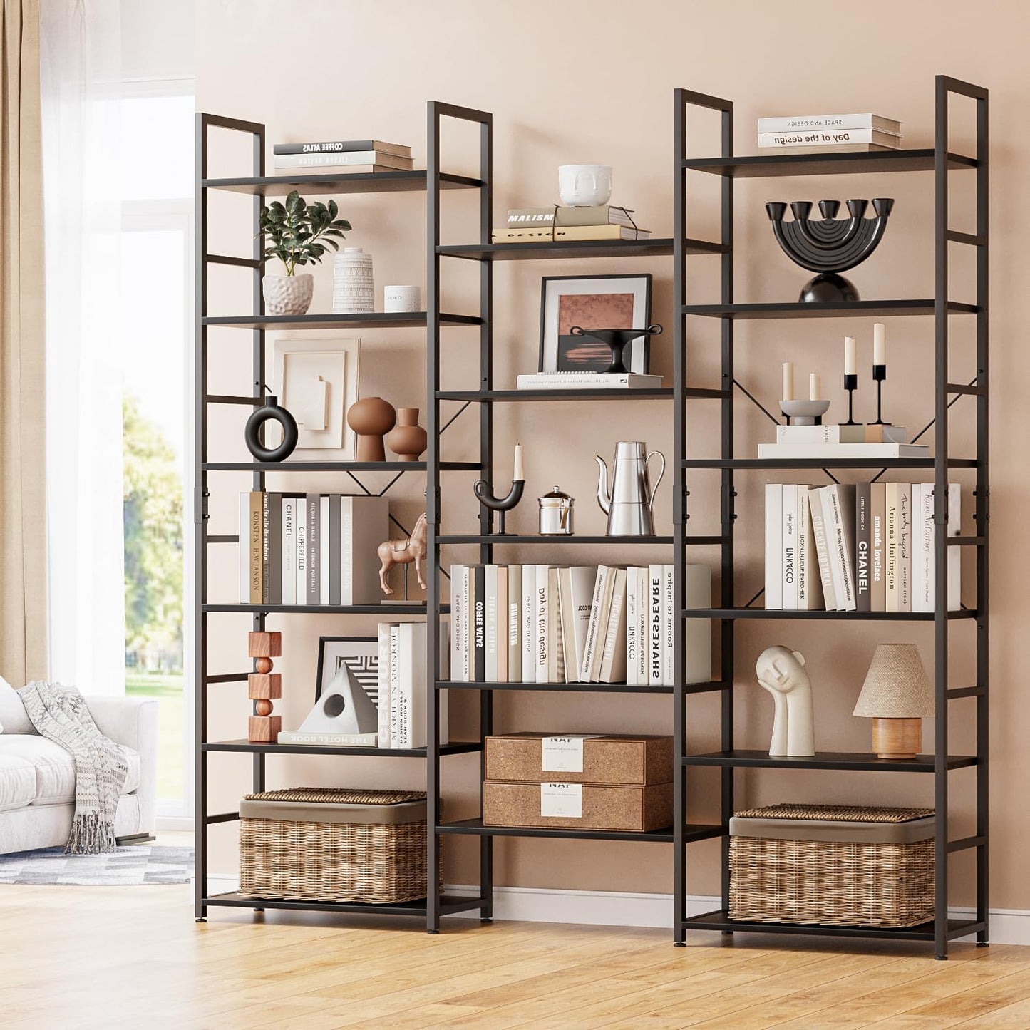 NUMENN Triple Column 6 Tier Bookshelf, Bookcase with 17 Open Display Shelves, Adjustable Rustic Industrial Style Book Shelves, Modern Bookshelves for Bedroom, Living Room and Home Office, Black