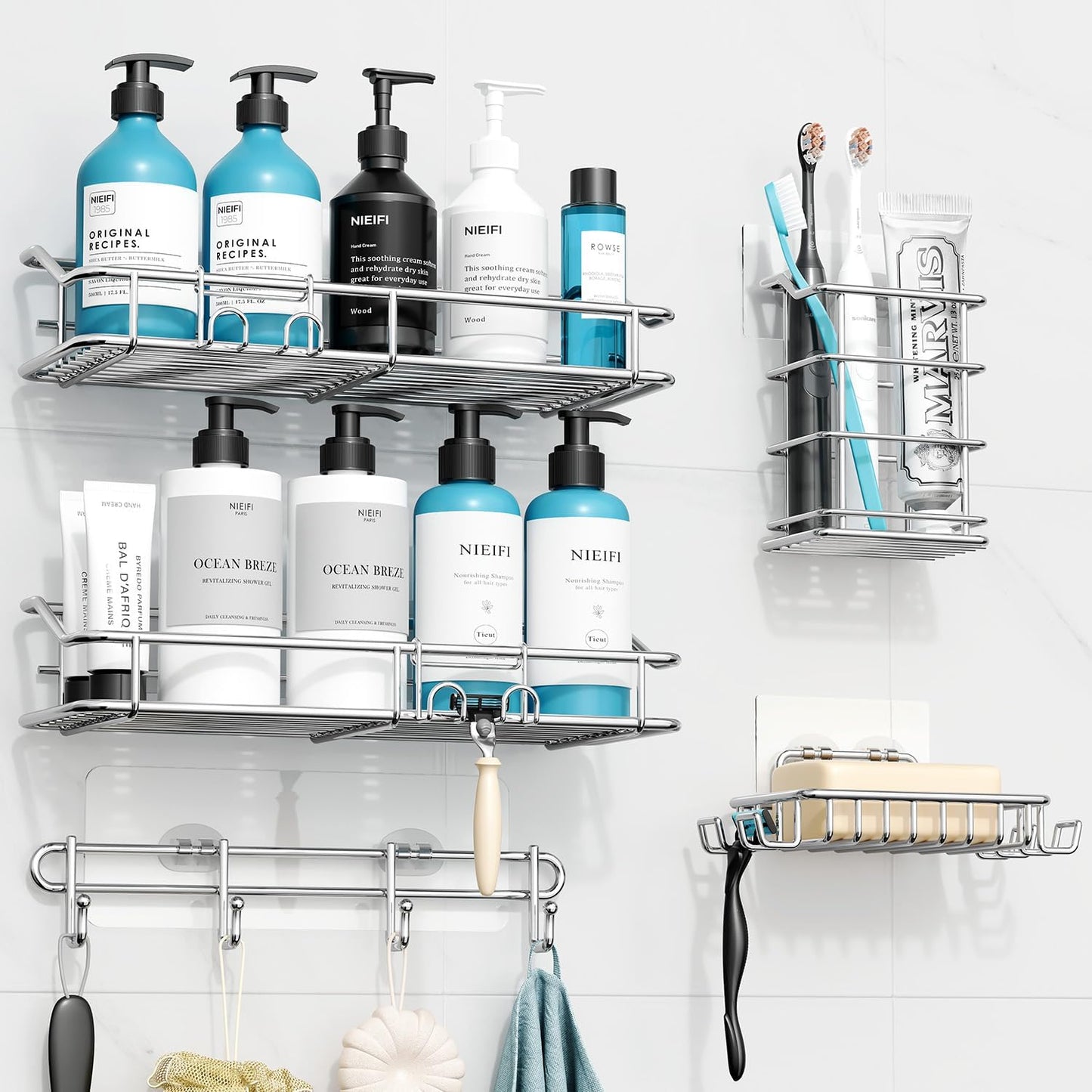 Nieifi Shower Caddy Shelf with Hooks Storage Rack Organizer Adhesive Stainless Steel without Drilling for Bathroom, Lavatory, Washroom, Restroom, Shower, Toilet, Kitchen (Sliver, 5 Pack)