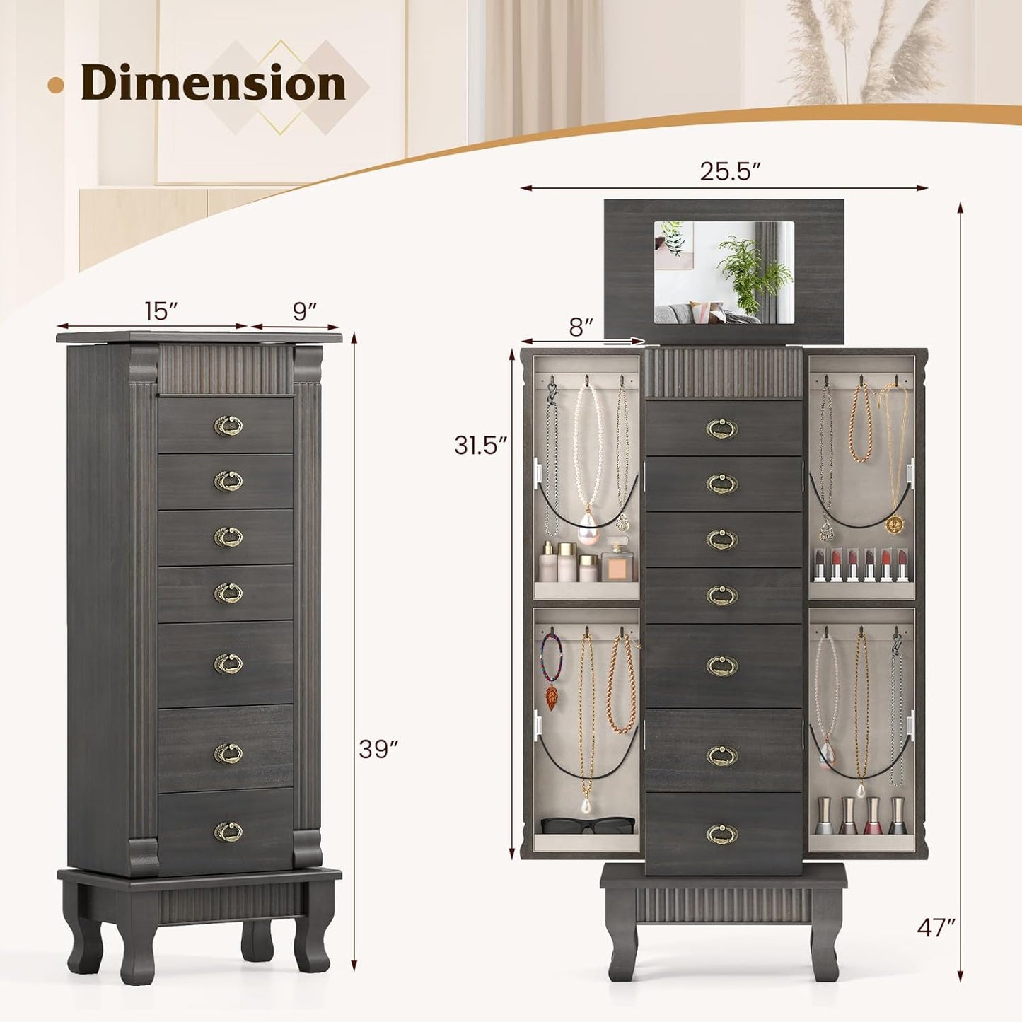Giantex Standing Jewelry Cabinet with 7 Drawers, Flip-Top Mirror, 2 Side Doors with 12 Necklace Hooks, Divided Ring Compartments, Velvet-Lined Jewelry Armoire Organizer Chest (Weathered Gray)