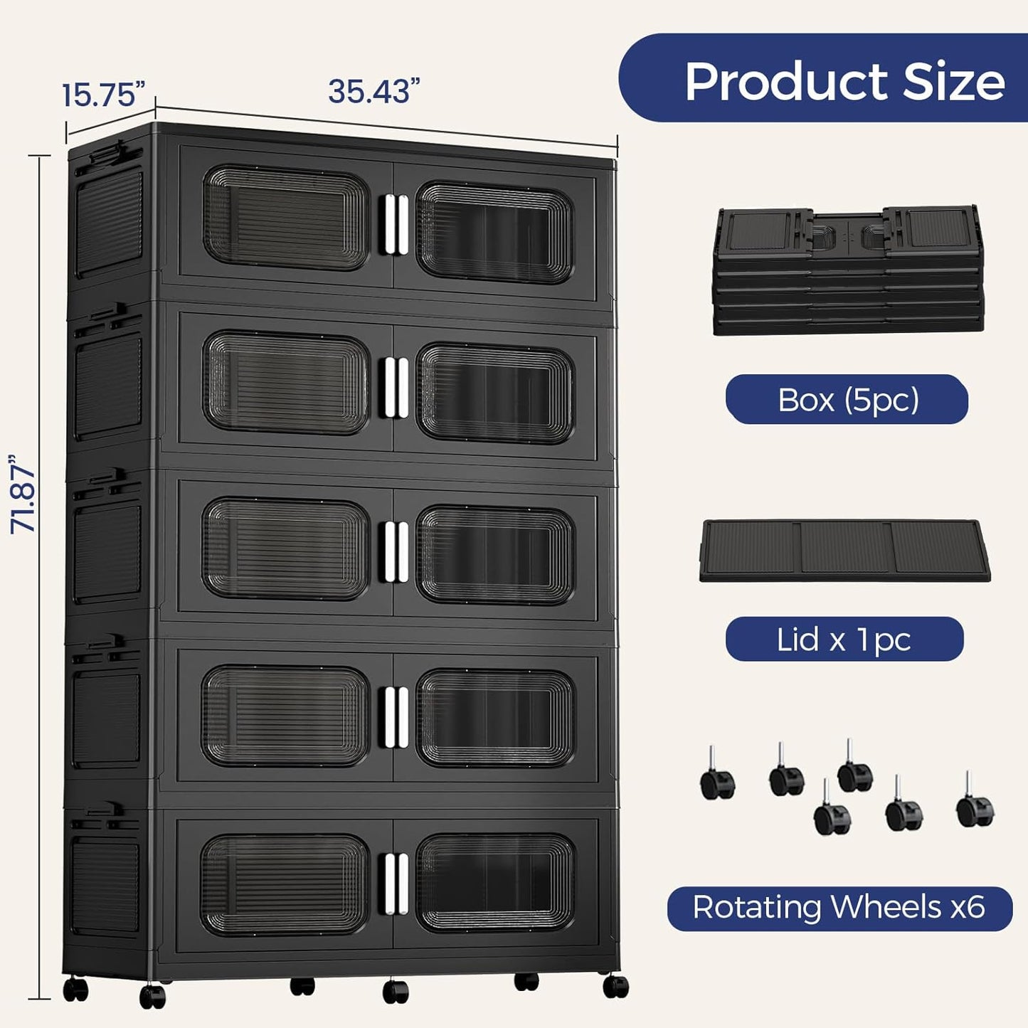 250 Gallon Extra Large Storage Bin with Lid and Wheels, Stackable Collapsible Plastic Storage Box with Door, Foldable Organizer for Closet, Kitchen, Office, Living Room, 5 Pack Black