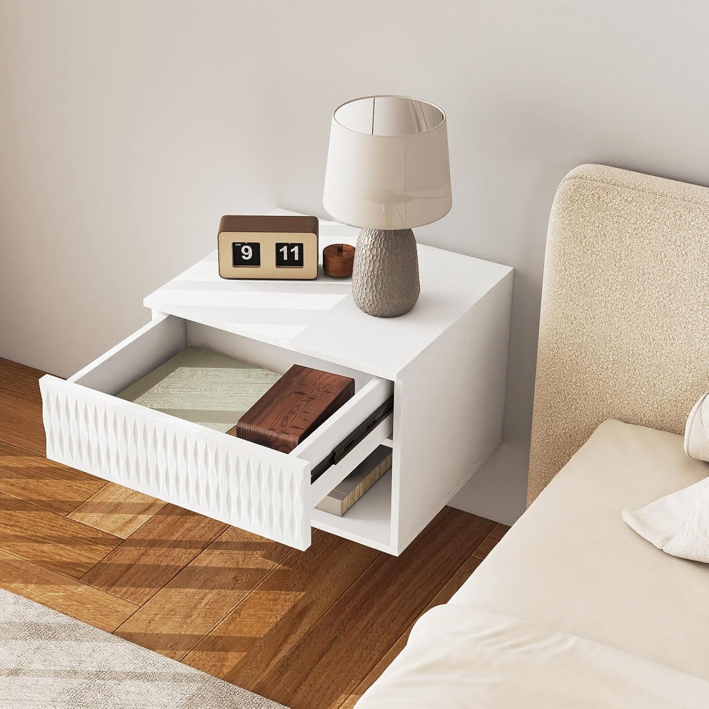 Vibe & Dine Floating Nightstand Set of 2, Wall Mounted Night Stand with Spiral Pattern Design, Modern Bedside Tables with Drawers for Bedroom, Easy Assembly, White