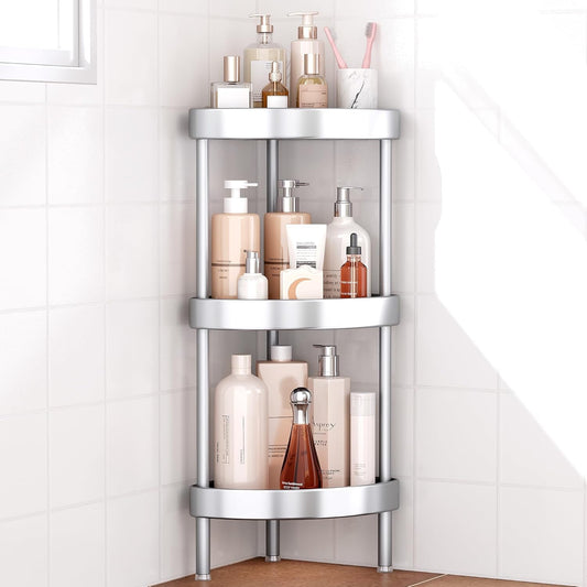 Nieifi Corner Shower Caddy Stand-3 Tier Rustproof Anodized Aluminum Standing Shower Organizer-Shower Caddy Corner-Dual Stability to Anti-Shaking-Height-Adjustable Legs for Uneven Surfaces-Silver