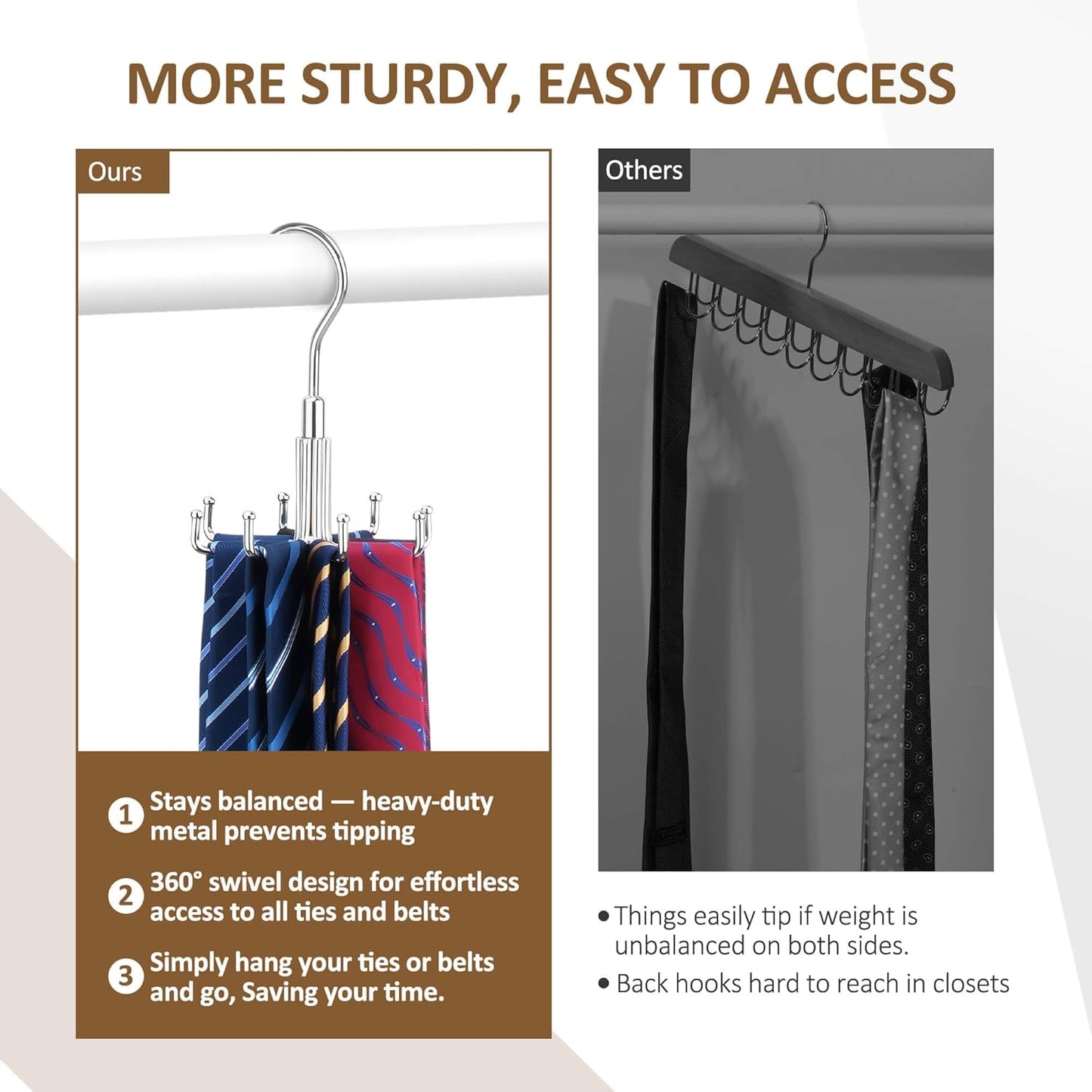 ZEDODIER Tie Hanger for Closet, 2 Pack Rotatable Tie Organizer for Men with 8 Hooks, Heavy Duty Space Saving Tie Rack for Ties and Belts, Silver
